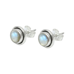 Fine arc-en-ciel pierre de lune ronde coupe lunette ensemble 925 en argent Sterling goujon pierres précieuses boucle d'oreille minimaliste pierre précieuse bijoux pour les femmes - Product Image 1