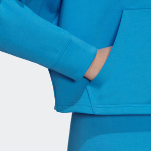 Sweat-shirt ample à capuche 66% coton 34% Polyester recyclé, entretoise douce au toucher, poche kangourou, pull-over court bleu pour femmes - Product Image 5