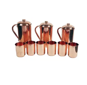 Jarra de agua de cobre, agua potable para el hogar y el hotel, jarra martillada con vidrio, bebida de tamaño mediano, 6 vasos, 3 jarras