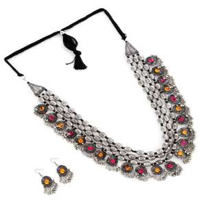 Best Selling High Grade Oxidised <b>Silver</b> Plated Pink-Orange Crystal Bohemian Necklace and <b>Stud</b> Earrings Set High Quality Jewelry - Product Image 2