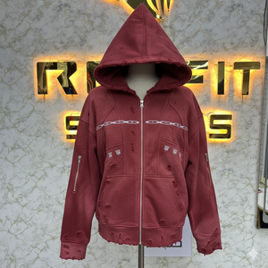 Sudadera con Capucha y Cremallera con Logotipo Personalizado, Material de Primera Calidad, Estilo Desgastado, Chaqueta con Cremallera y Pedrería, Lavado Ácido, Sudadera de Forro Polar para Hombre, Estilo Urbano - Product Image 6