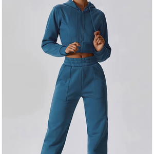 Conjunto de chándal de ropa informal Vintage para mujer 2024, parche bordado desgastado, sudaderas con capucha y cremallera lavadas con ácido, conjunto de chándal personalizable - Product Image 1