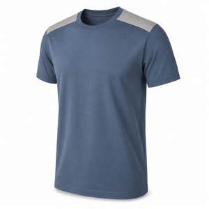 Custom Dusty Blue Cotton Crew Neck T Shirt with Grey Shoulder Panels Mens Short Sleeve Wholesale Apparel - Product Image 3