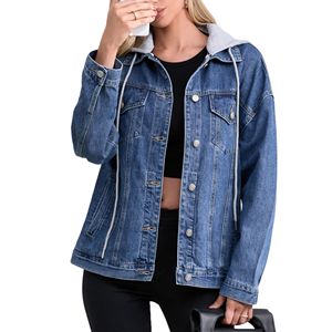 Veste en jean réversible à capuche décontractée pour femmes 100% coton délavé style printemps grande taille pour dames - Product Image 1