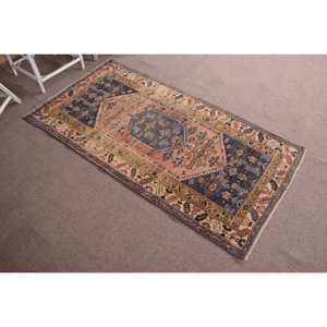 Alfombra Turca Vintage de 3.3x6.5 pies (101x198 cm), Alfombra Azul a Rayas - Product Image 3