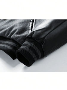 Manteau d'hiver personnalisable pour hommes tissu de laine manches en cuir PU garniture rayée lettre patchs veste à capuche avec support - Product Image 4