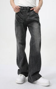 กางเกงยีนส์ทรงบูทคัทวินเทจสำหรับผู้ชาย ผ้าวอร์สเต็ด ปักลายตามสั่ง กันลม เอวกลาง ดีไซน์ทอสีพื้น ย้อมสีกลาง แต่งแพทช์ ขายส่ง - Product Image 6