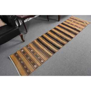 Vintage Kilim Rug 2x7.4 ft, <b>Brown</b> Yellow Floral <b>Wool</b> Turkish Rug - Product Image 5