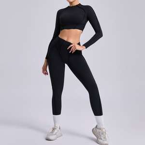 Ensemble de yoga sans couture pour femmes avec logo personnalisé, respirant, uni, tenue de sport automne-hiver, haut court à manches longues avec leggings taille haute - Product Image 4