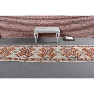 Vintage Turkish <b>Runner</b> <b>Rug</b> 2.8x12.5 ft Orange Ombr Wool Patchwork with Latex Backing Eco-Friendly Traditional <b>Rug</b> - Product Image 3