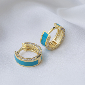 Boucles d'oreilles pendantes en argent sterling 925 plaqué or, motif émail, pierre de zircon turquoise, fabrication artisanale turque, bijoux tendance - Product Image 2