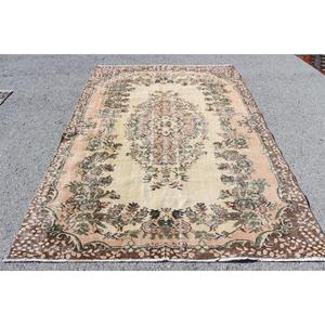 Vintage Large Rug 5.9x8.9 ft, Turkish <b>Brown</b> Bordered <b>Wool</b> Rug - Product Image 1