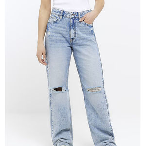 กางเกงยีนส์ขากว้างทรงตรงสำหรับผู้หญิงกางเกงสีฟ้าอ่อนทรงหลวมแฟชั่นสุดหรูออกแบบได้ตามต้องการ - Product Image 1