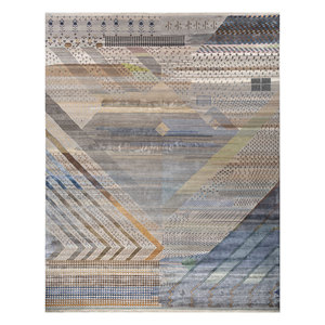 Tapis géométrique gris et noir Freedom Manchaha en laine et soie de bambou noué à la main, technique de tissage plat pour salon - Product Image 1
