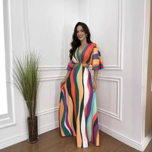 2025 style asiatique du sud-est vêtements pour femmes couleur bloquée cinq doigts manches chauve-souris taille nue cravate taille Maxi robe vêtements - Product Image 3
