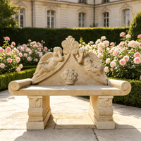 Banco de Jardín de Granito Gris Tallado a Mano con Relieve Floral Ornamental, Banco de Piedra para Exteriores de Estilo Europeo, Tamaño Personalizado