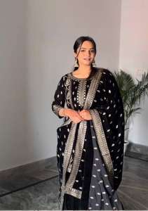 Nouveau costume Sharara de travail de séquence de faux brodé et georgette de couleur noire exclusive pour les femmes par exportation - Product Image 3