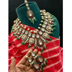 Premium Quality Gold Plated <b>Kundan</b> Stones Look Necklace Set With Earrings Wedding Tikka Wear Collection For Women - Product Image 1