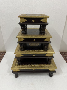 Handmade Handicraft Wooden Half Brass Fitted Inlay Bajot Chowki Set Of 4 For Pooja <b>Unit</b> Wedding Gift Indoor Use Home Decor - Product Image 1