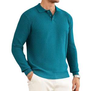 Polo de Manga Larga de Punto Texturizado Azul Verde Azulado para Hombre, Logotipo Personalizado de Alta Calidad, Transpirable, Informal, de Moda, para Negocios - Product Image 2