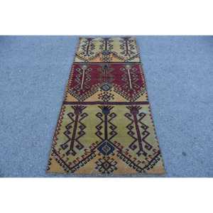 Turkish Vintage Rug 2.9x7.1 ft, <b>Red</b> Animal Print <b>Wool</b> Rug - Product Image 1