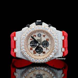 นาฬิกาโครโนกราฟเพชรโมอิสซาไนต์แบบ Iced Out สำหรับผู้ชาย ตัวเรือนสแตนเลส สายซิลิโคนสีแดง หน้าปัดทรงกลม นาฬิกาแฟชั่นอัจฉริยะสำหรับทุกวัน - Product Image 2