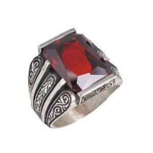 Geometric 925 Sterling Silver Rhodium-Plated Men's <b>Ring</b> with Rectangular Garnet Stone for Everyday Wear & Gifts - Product Image 1