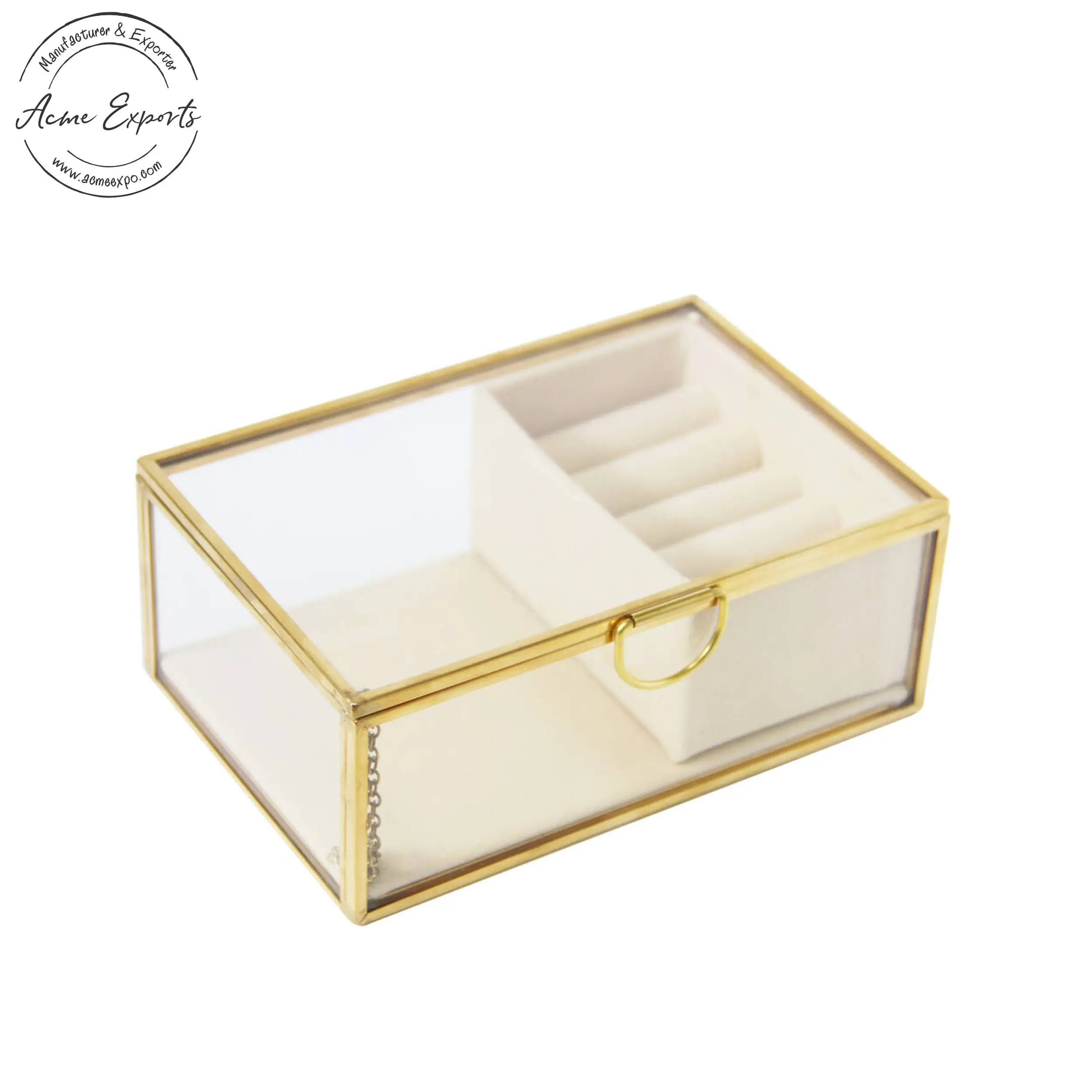 Portagioie rettangolare grande in vetro trasparente di migliore qualità con cornice in metallo rifinito in oro per anelli, orecchini, Organizer, Vanity Box