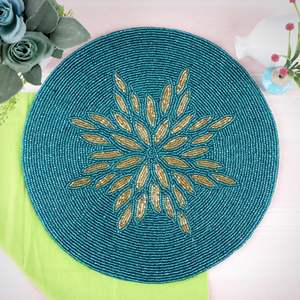Vintage Style Embroidery Beaded Round <b>Blue</b> Solid Home <b>Placemat</b> Wedding Banquet Use Eco-Friendly Durable Table Top - Product Image 1