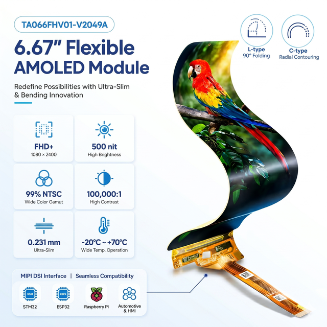 6.67 Inch Flexible AMOLED Display Module 1080x2400 Sunlight Readable MIPI Interface for Consumer Electronic ,industrial Panel