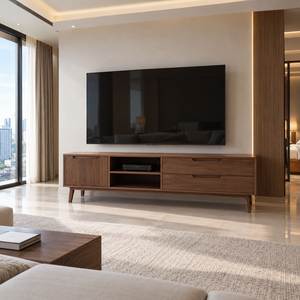 Mueble de TV Moderno de Madera Maciza con Cajones de Almacenamiento, Estantes Abiertos, Diseño de Mediados de Siglo para Sala de Estar, Personalizable - Product Image 5