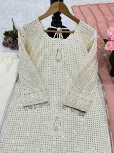 FabZone <b>Women's</b> Vintage-Style Beige Faux Georgette Embroidery Work <b>Kurta</b> Set Designer for All Seasons-for Weddings Other - Product Image 2
