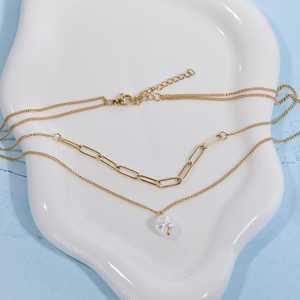 Double Chain Pearl <b>Necklace</b> Dainty Layered <b>Necklace</b> 925 Sterling Silver 14K <b>Gold</b> Plated Paperclip Irregular Pearl - Product Image 1