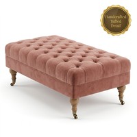 Banc ottoman Chesterfield moderne en velours capitonné avec pieds en chêne massif et roulettes, tabouret rectangulaire rembourré pour bout de lit, entrée ou hôtel