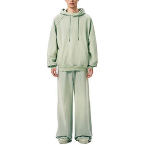 Pantalon de jogging ample en molleton de coton d'hiver de haute qualité, style streetwear, 2 pièces, vert délavé, surdimensionné, style boxy, fermeture éclair, survêtement pour homme - Product Image 2
