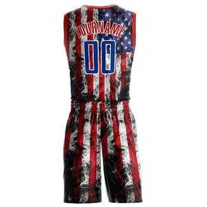Ensemble de vêtements de sport à rayures de drapeau américain pour les jeunes, maillot de basket-ball à col rond, short personnalisé sublimé pour l'équipe - Product Image 3