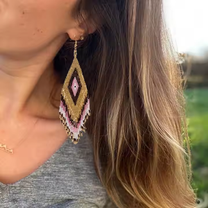 Boucles d'oreilles en forme de diamant de luxe faites à la main avec des perles de riz rétro perle de style ethnique pour les femmes-comme cadeau - Product Image 3