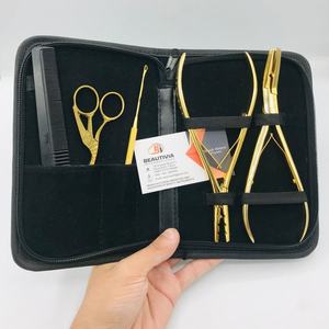 Kit d'outils professionnels de haute qualité en acier inoxydable de qualité chirurgicale, écologiques, plaqués or, pour extensions de cheveux (vente en gros) - Product Image 6