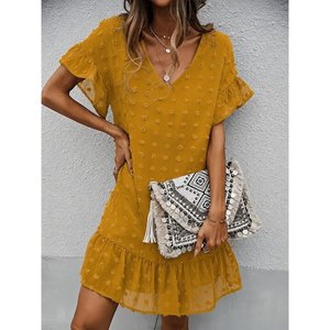 Robe courte en mousseline de soie à pois pour femme, col en V, manches courtes, 34676 - Moutarde - Product Image 1