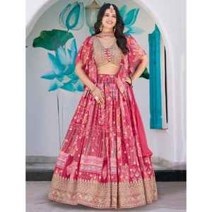 Conjunto de Lehenga Choli Moderno para Fiestas, Color Rosa, Estampado Multicolor, Bordado, con Dupatta de Chiffon de Seda de Secado Rápido, para Eventos Festivos - Product Image 1