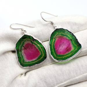 925 plata esterlina sandía Bio Color turmalina rebanada Clip-On pendientes boda adecuado - Product Image 3