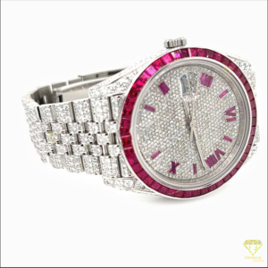 Cao Cấp Bezel Đá Bạc Màu Hồng Quay Số Moissanite Kim Cương Cổ Tay Xem Ngày Tính Năng Sang Trọng Cơ Khí Phong Trào Glass Ấn Độ Nhà Cung Cấp - Product Image 3