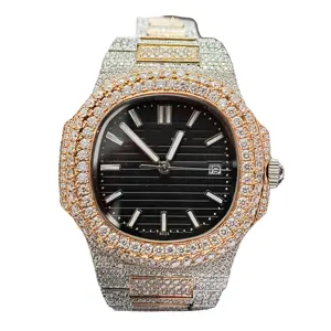 Relógio mecânico vvs moissanite de ouro maciço 18K com diamantes em aço inoxidável personalizado para homens