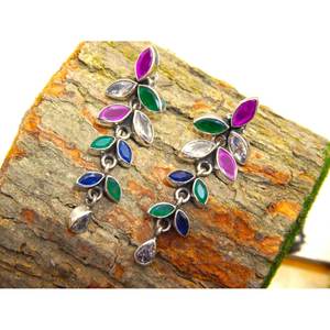 Boucles d'oreilles florales en argent sterling 925 avec pierres précieuses naturelles multiples avec cadeau d'anniversaire en diamant pour ses bijoux - Product Image 4