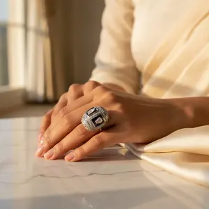 Anillo Romántico de Plata para Mujer con Cuentas y Detalles de Diamantes con Corte Asscher, Joyería de Platino con Certificación IGI, Chapado en Rodio para Promesas - Product Image 2