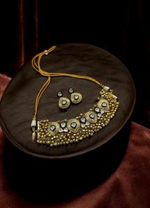 Handcrafted Antique Gold Bead Choker <b>Necklace</b> Set with Kundan Polki Water <b>drop</b> Earrings - Product Image 2