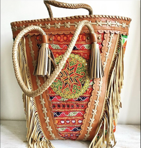 Vintage Banjara <b>Bag</b> Bohemian Style Embroidered Leather Handbag with Two Handles PVC Cotton Lining Fashionable <b>Shoulder</b> Beach <b>Bag</b> - Product Image 5