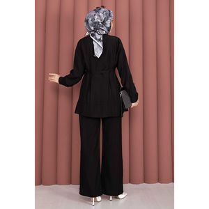 Conjunto de Dos Piezas de Pantalones y Túnica Casual de Otoño con Cinturón, Top Largo de Punto Acanalado Negro, Corte Ajustado, Talla XL, Estilo Diario, Nueva Llegada - Product Image 5