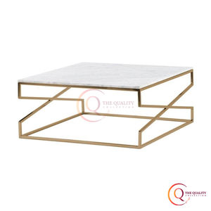 Table basse géométrique moderne en marbre blanc avec cadre en zigzag en métal doré élégant semble super chic et élégant. - Product Image 6