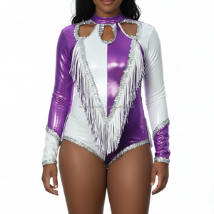 Tenue de danse professionnelle bicolore métallique brillante avec garniture en sequins argentés et franges à pampilles, costume de performance très élastique - Product Image 1